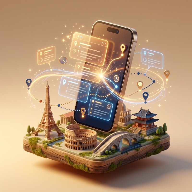 Smartphone on a miniature city with holographic itinerary cards floating out of the screen
