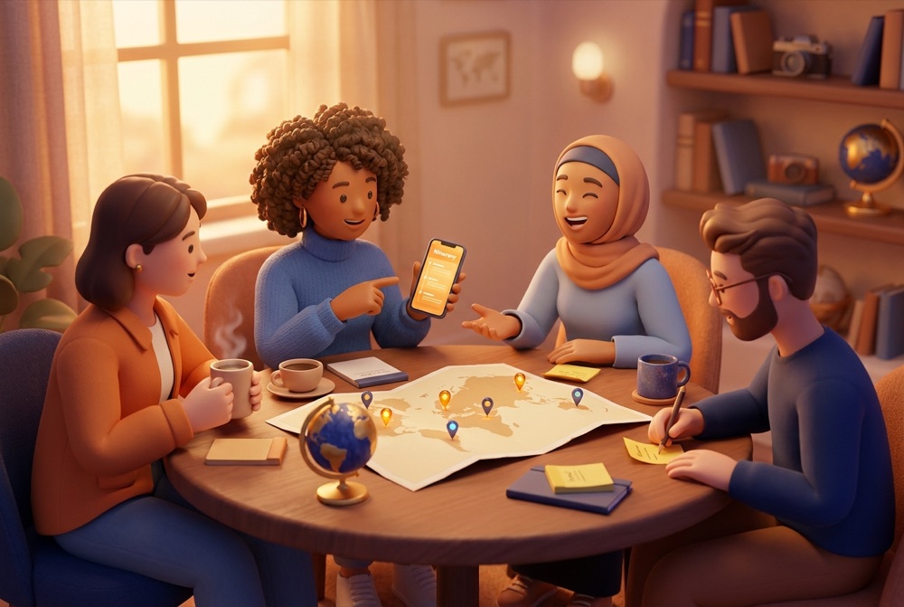 Four friends gathered around a table planning a trip with a map, phone, and coffee
