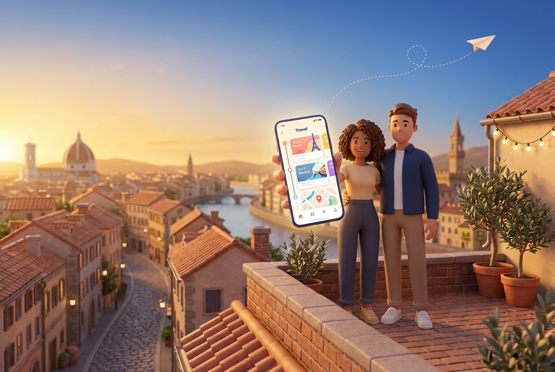 Couple on a rooftop at sunset planning a trip on their phone with the TripOverall app