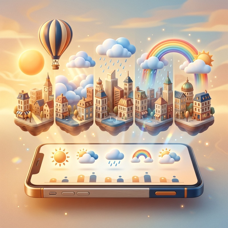 City skyline with sun, clouds and rain above a phone showing a 5-day forecast